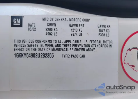 2002 Cadillac Seville Sts from USA, damaged, VIN 1G6KY54902U282355